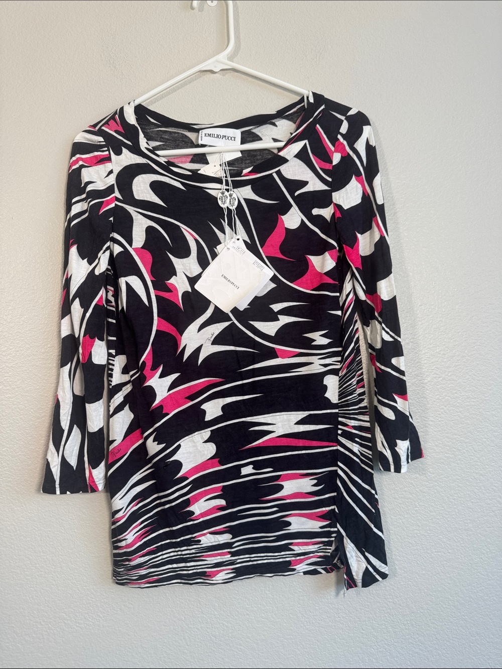 Emilio Pucci 3/4 Sleeve Top with Abstract Swirling Print in Black/Pink - XS